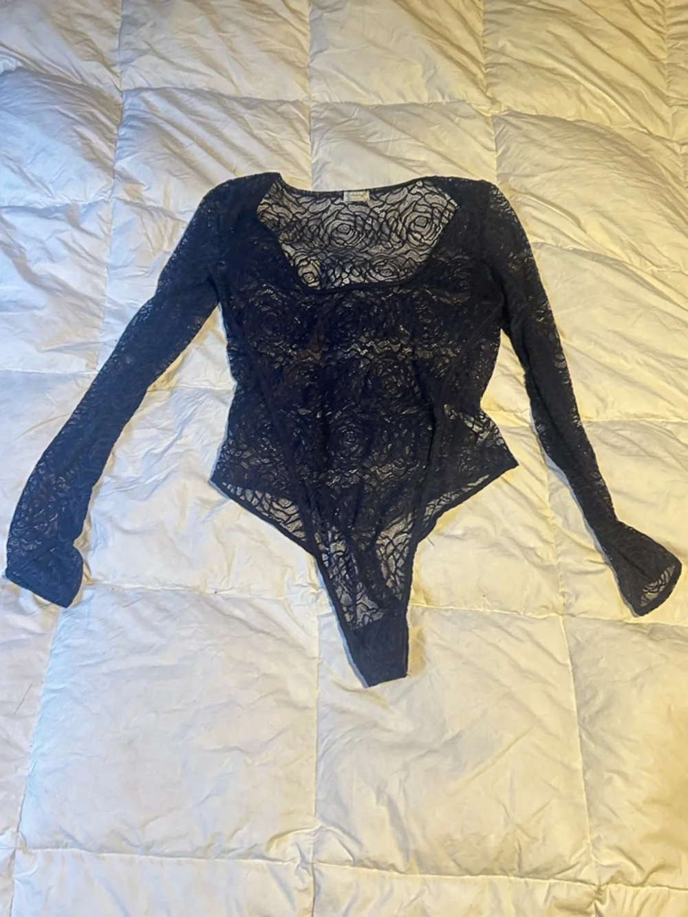 Free People Navy Sheer Floral Lace Long-Sleeve Bodysuit